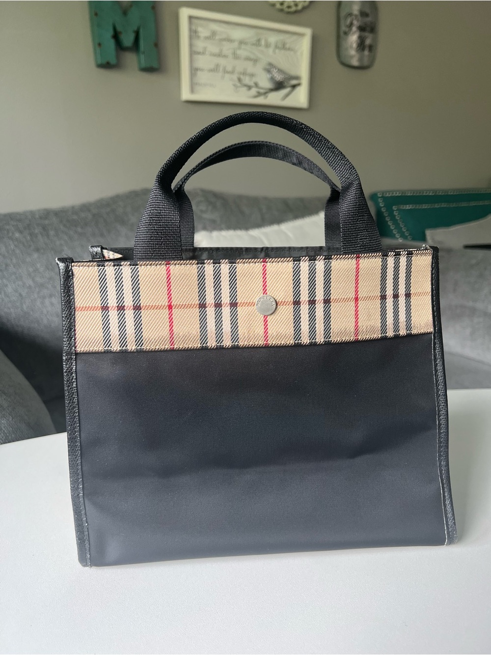 Burberry Black Canvas Tote with Beige Plaid Trim - Handheld Bag